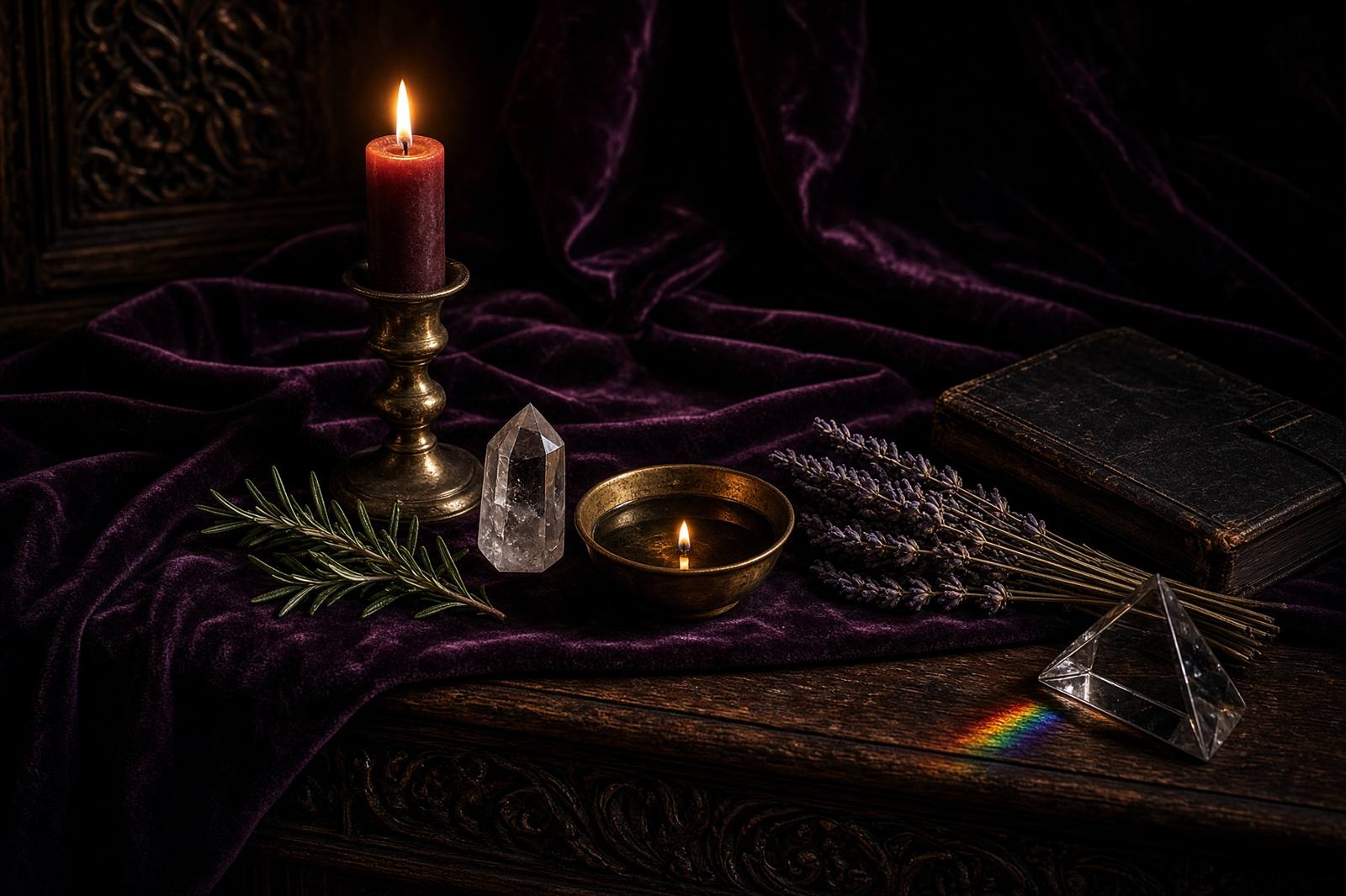A small altar: burgundy candle, rosemary, quartz, and a bowl of water on dark wood.