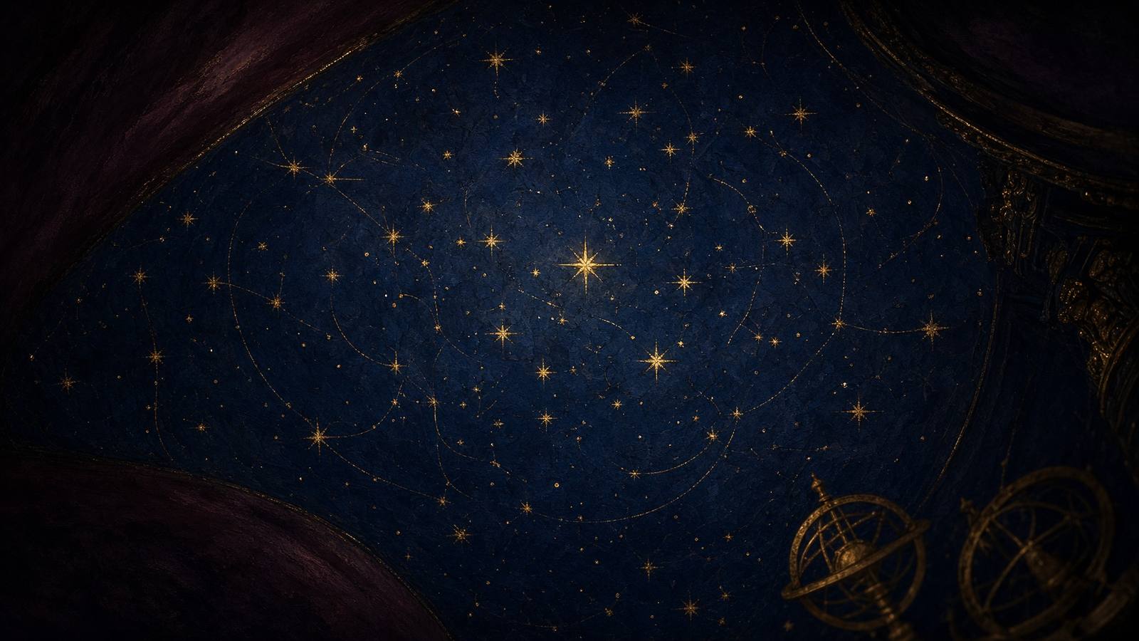 Gold stars on a midnight ceiling.