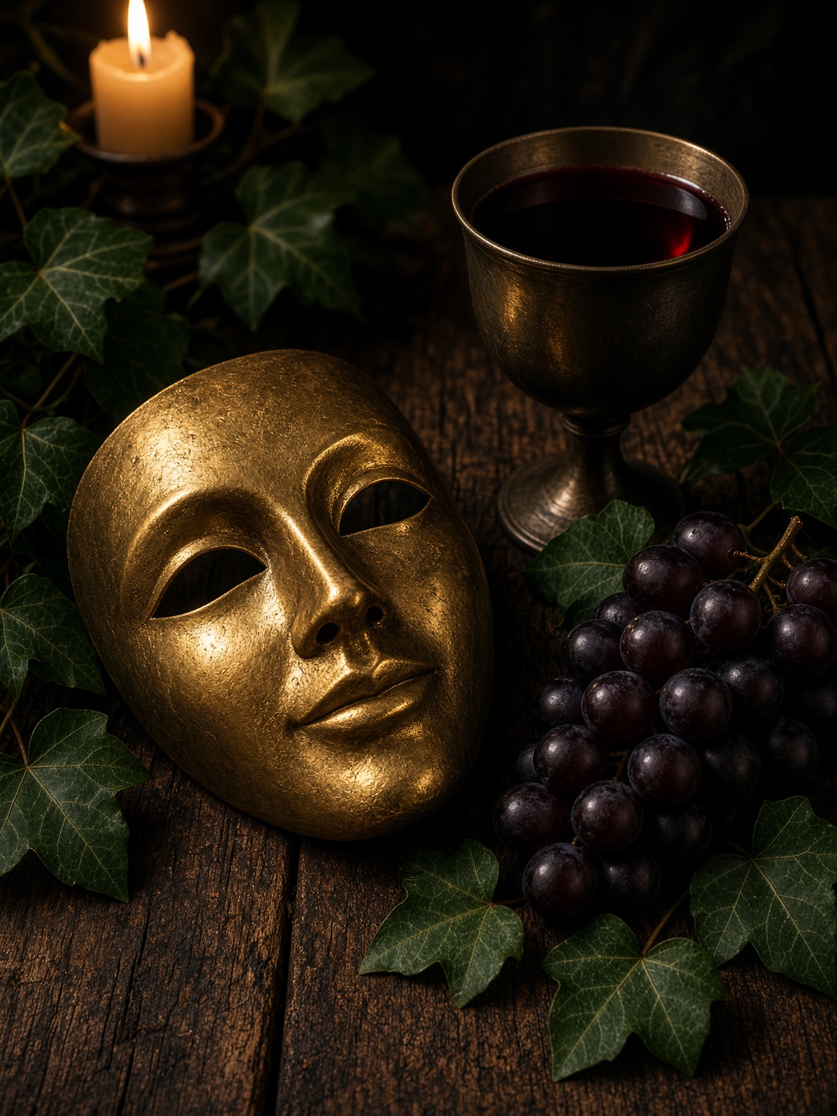 A gold theater mask, ivy, and a cup of wine on dark wood.