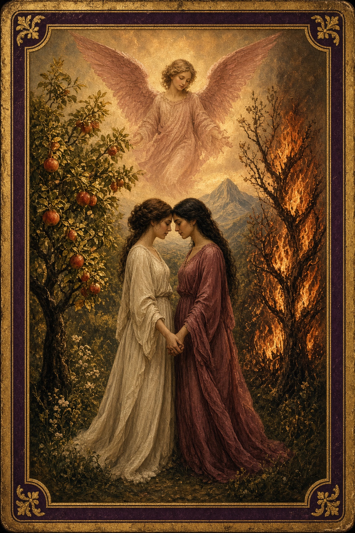 The Lovers, drawn for this library: two women holding hands in a garden, an angel above them.