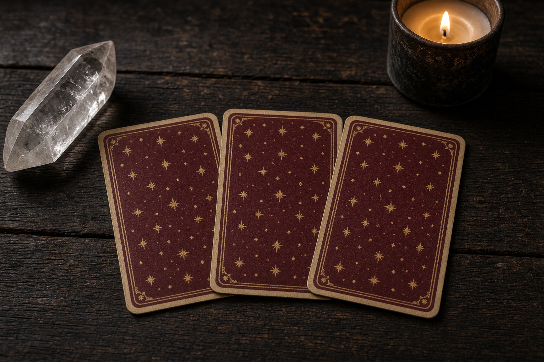 Three antique card backs with gold stars, a quartz point, and a candle.